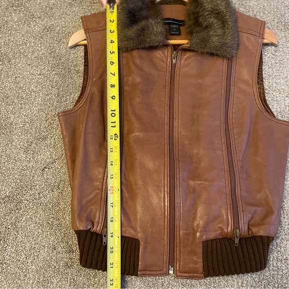 VTG Moda International Brown Leather Vest with Faux Fur Size M Aviator Bomber - Picture 12 of 13